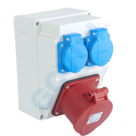 Tp Electric Szerelt ipari doboz 120×170mm IP44 3 fázisú (75x75) aljzat 5x16A 1db+1 fázisú kék alj